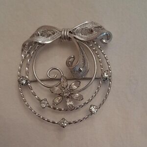 Sterling Silver Filigree Bow Flower Brooch Pin Pendant Rhinestone Accent Elegant